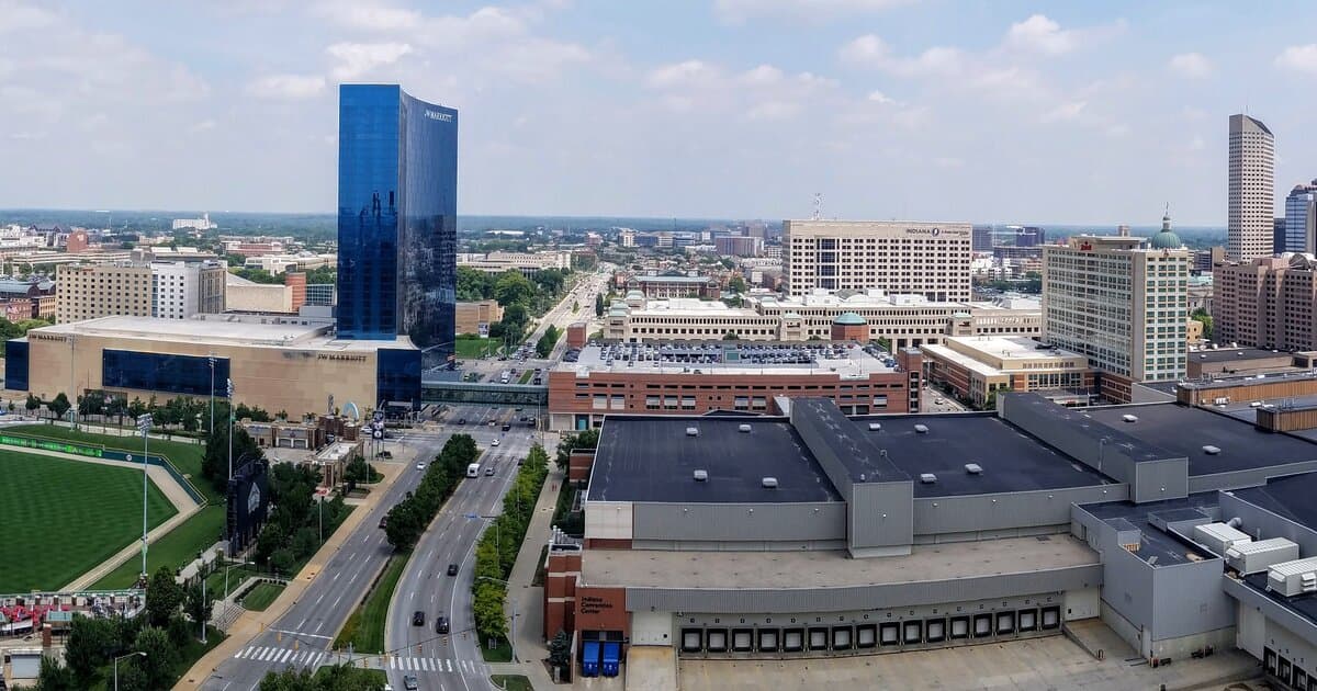 Indianapolis skyline over the White River, the source water for the city's chloramine-treated tap supply