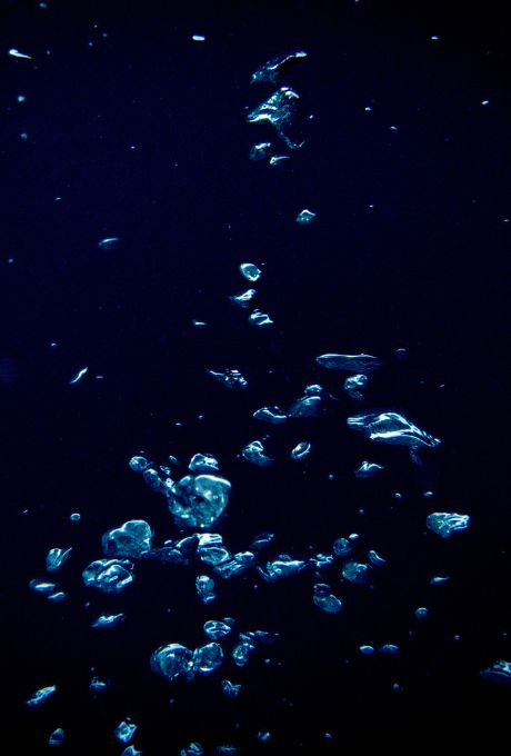 Floating air bubbles rise through dark blue water, illuminated by light, creating a shimmering, ethereal effect against the black background.