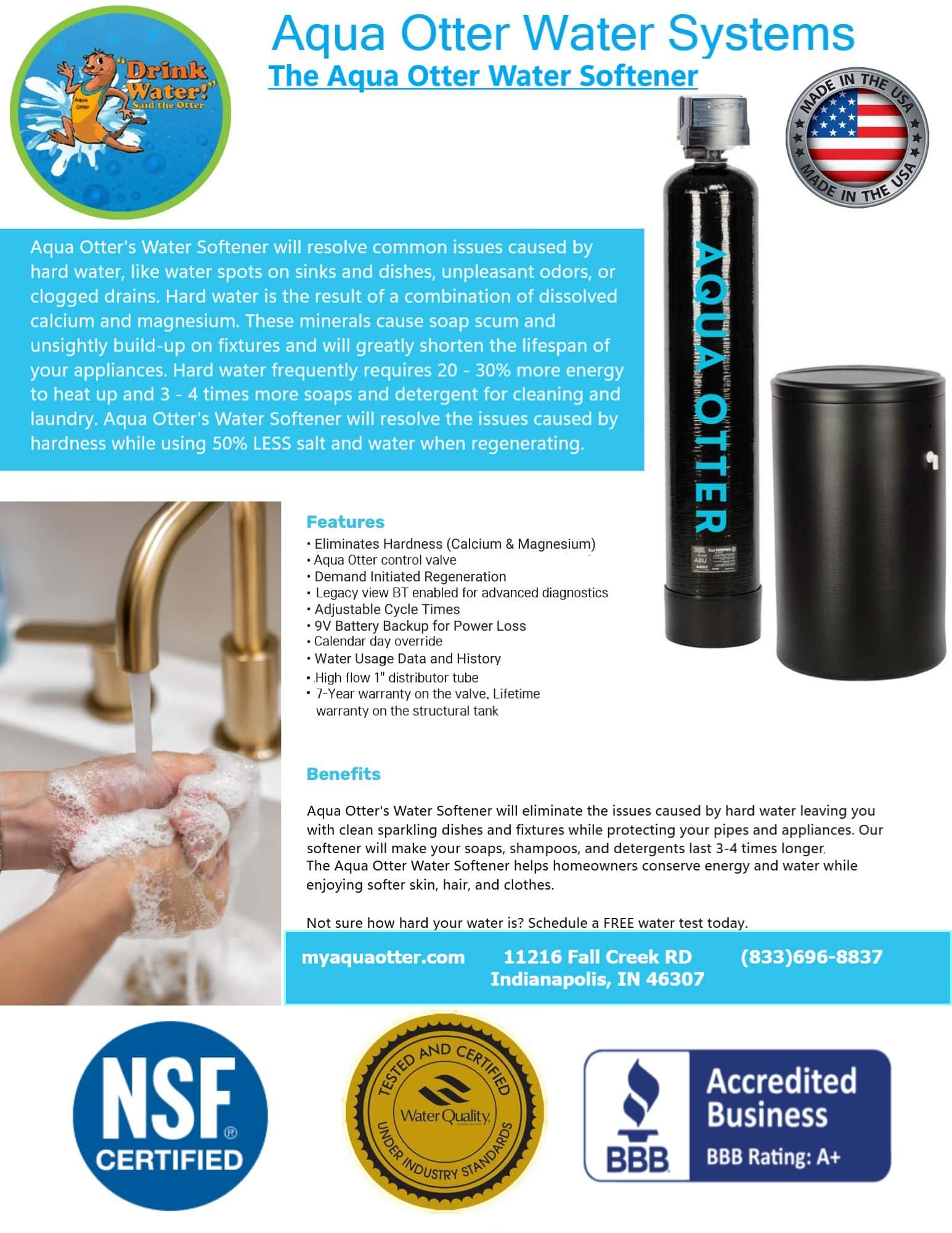 A promotional flyer for Aqua Otter Water Systems featuring a black water softener unit. Text highlights product benefits, features, contact info, and certification logos from NSF and BBB. Background includes water droplets and bubbles.