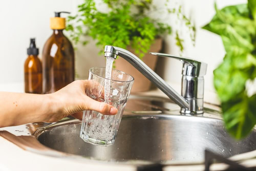 A hand holds a glass under a kitchen faucet, filling it with water. The sink is surrounded by green plants and bottles, creating a fresh and clean atmosphere.