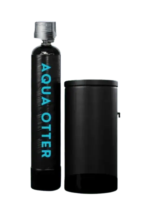 A black water bottle labeled "AQUA OTTER" in blue text stands upright next to a sleek, cylindrical black container with a lid.