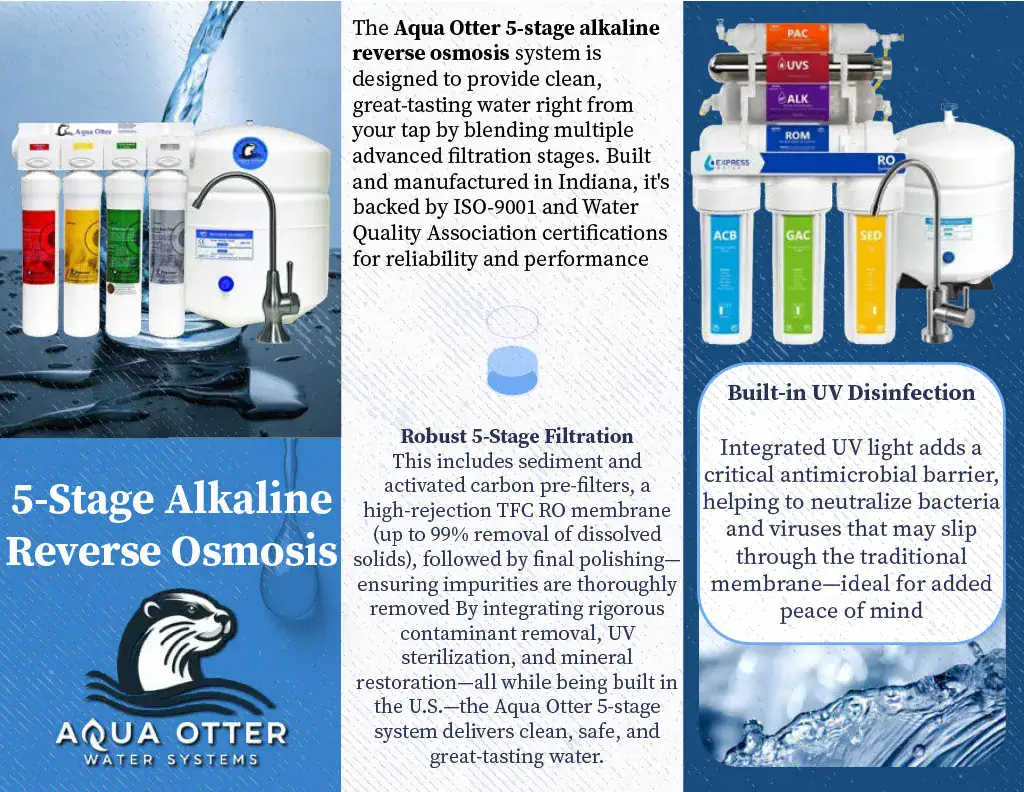 Aqua Otter's 5-stage reverse osmosis system ensures pure, clean water by effectively removing contaminants for safe and refreshing hydration